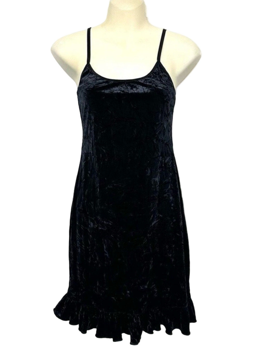 Vintage 90s slip dress blue crushed velour Small Stretch Ruffle hem